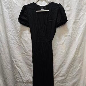 Reformation Black Midi Wrap Dress with Puff Sleeves